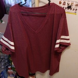 Maroon V-Neck T-Shirt with White Stripes